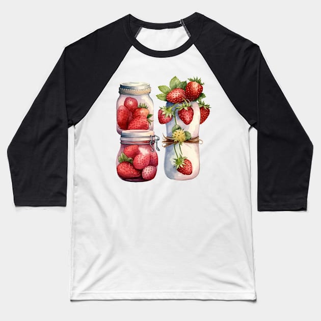 Strawberry Jam Jar Watercolor Baseball T-Shirt by Mako Design 